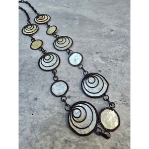 Boho Shell Inlay Spiral Station Necklace Bronze Tone Long Chain 22 Inch